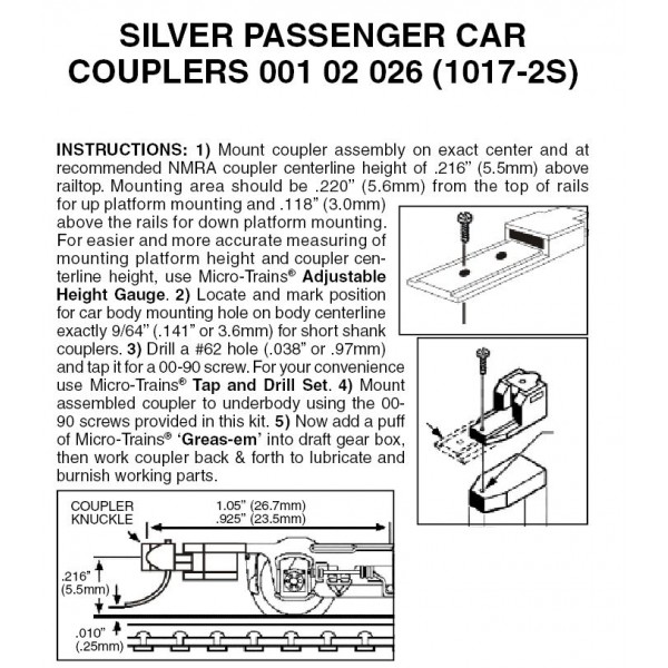 SILVER Passenger Car Couplers 2pr (1017-2S)