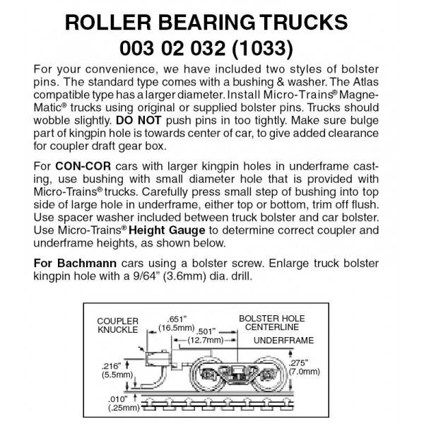 Roller Bearing Trucks w/ med. ext. couplers 1 pr. (1033)