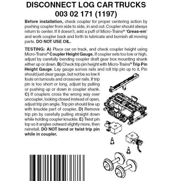 Disconnect Log Car Trucks, w/ short ext. couplers 1pr (1197)