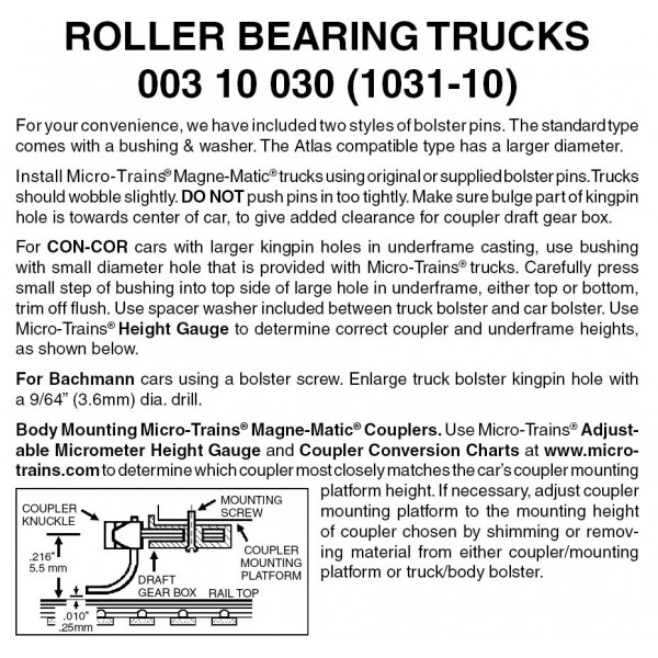 Roller Bearing Trucks w/o couplers 10pr (1031-10)