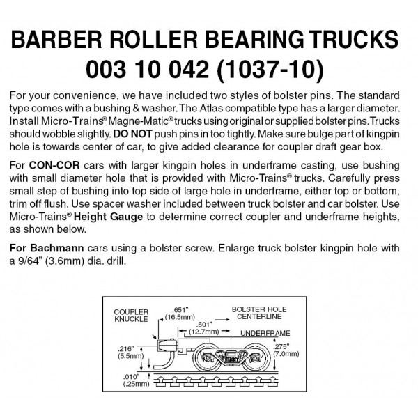 Barber Roller Bearing Trucks w/ med. ext. couplers 10 pr. (1037-10)