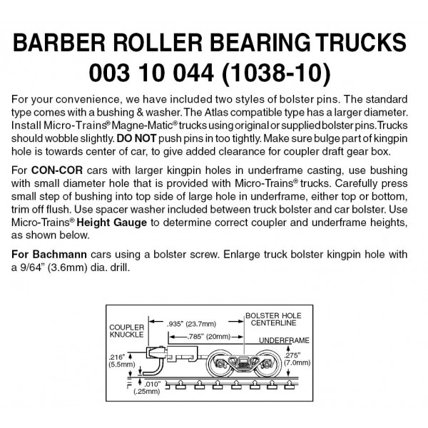Barber Roller Bearing Trucks w/ long ext. couplers 10 pr (1038-10)