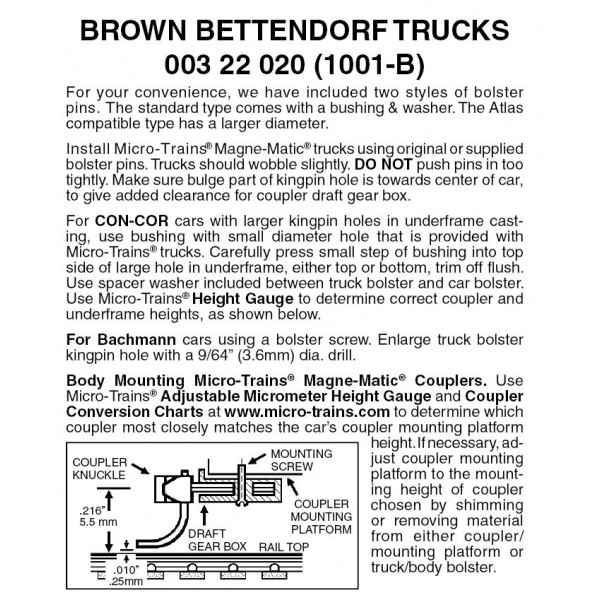 Bettendorf Trucks w/o couplers Brown 1 pr (1001-B)