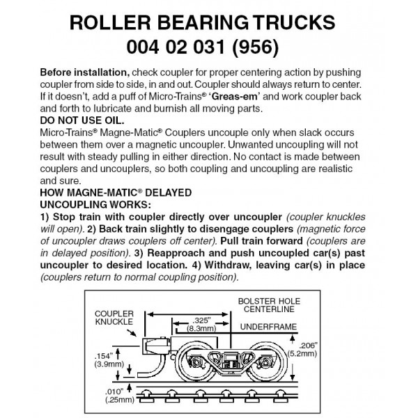 Roller Bearing Trucks w/ short ext. coupler 1 pr (956)