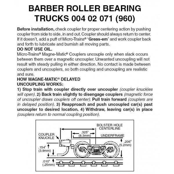 Barber Roller Bearing Trucks w/short ext. couplers 1 pr (960)