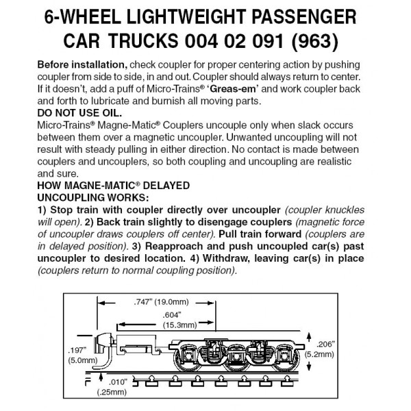 6-Wheel Lightweight Passenger Trucks w/coupler 1 pr (963)