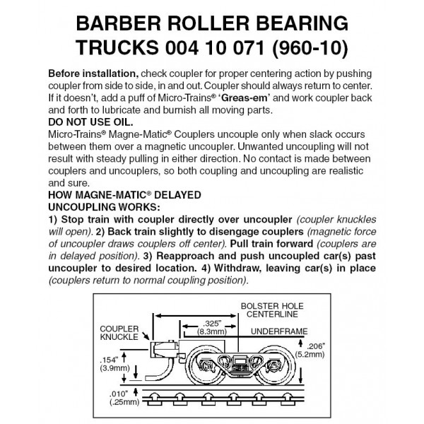 Barber Roller Bearing Trucks w/short ext. couplers 10 pr (960-10)