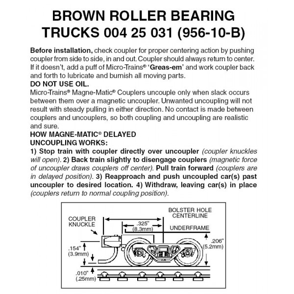 BROWN Roller Bearing w/ short ext. couplers 10 pr Z Scale (956-10B)