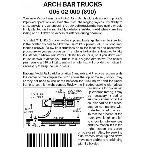 Arch Bar Trucks  no coupler 1 pr (890)